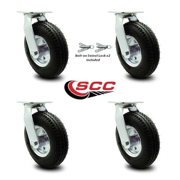 8 Inch Black Pneumatic Wheel Caster Swivel with 2 Swivel Locks SCC, 4PK